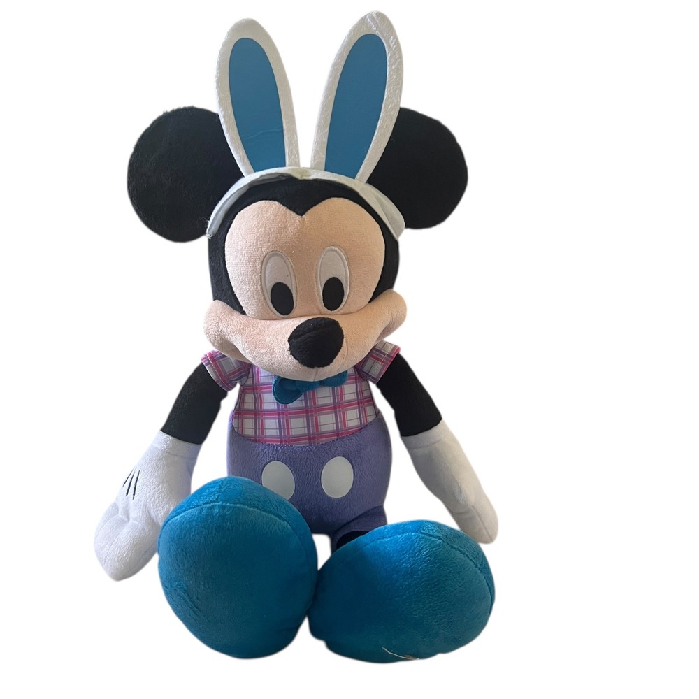 Disney Mickey Mouse Easter Bunny Plush Just Play Blue Ears Plaid Shirt 18 Inch